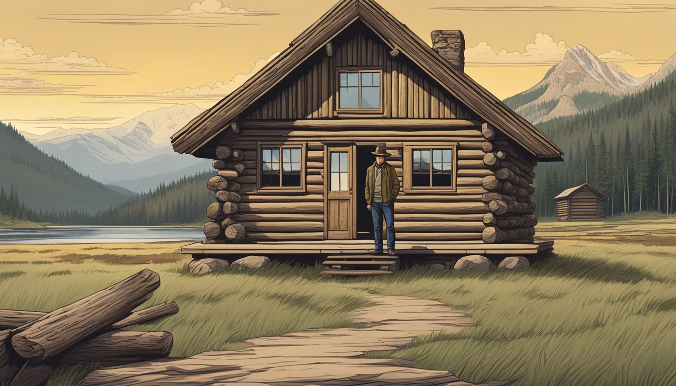 A rugged, middle-aged man with a stern expression stands in front of a rustic log cabin, surrounded by the majestic wilderness of Yellowstone National Park