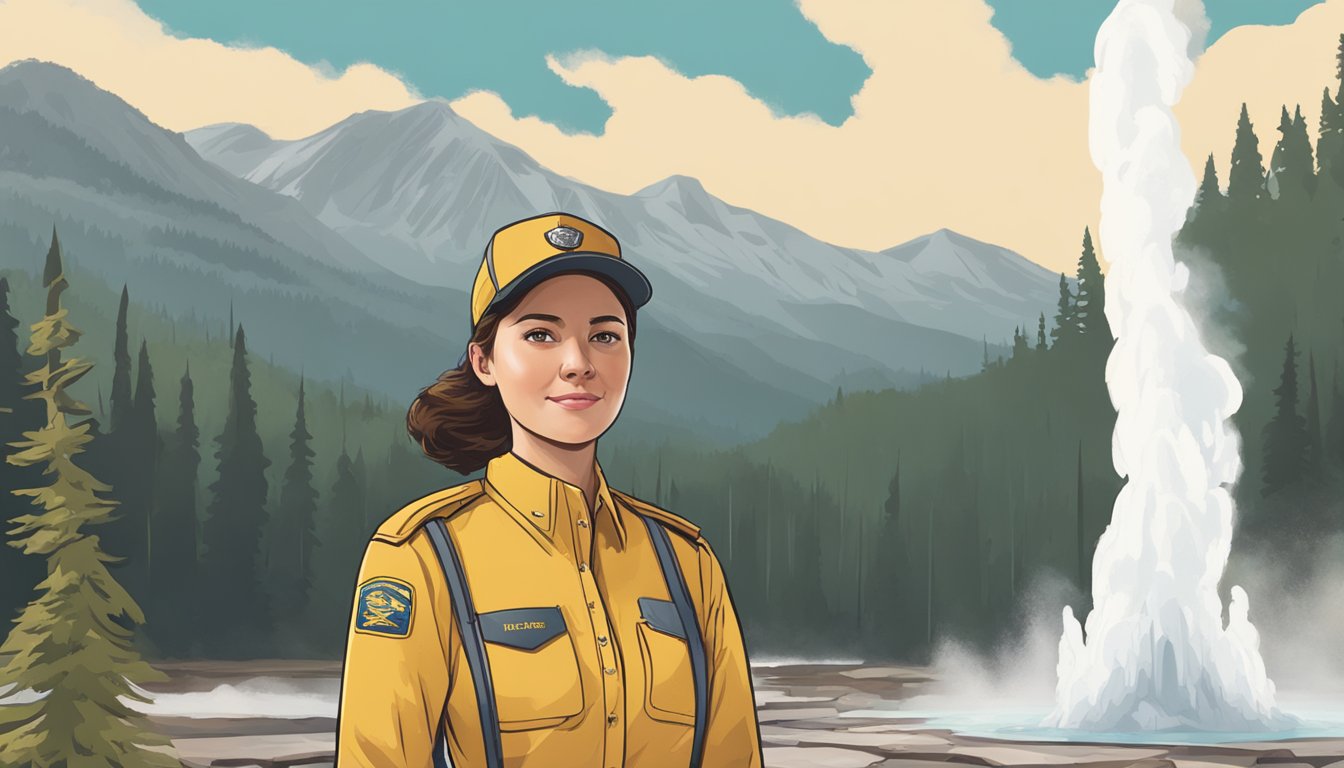 A young woman in a Yellowstone staff uniform stands in front of a geyser, with a backdrop of mountains and pine trees