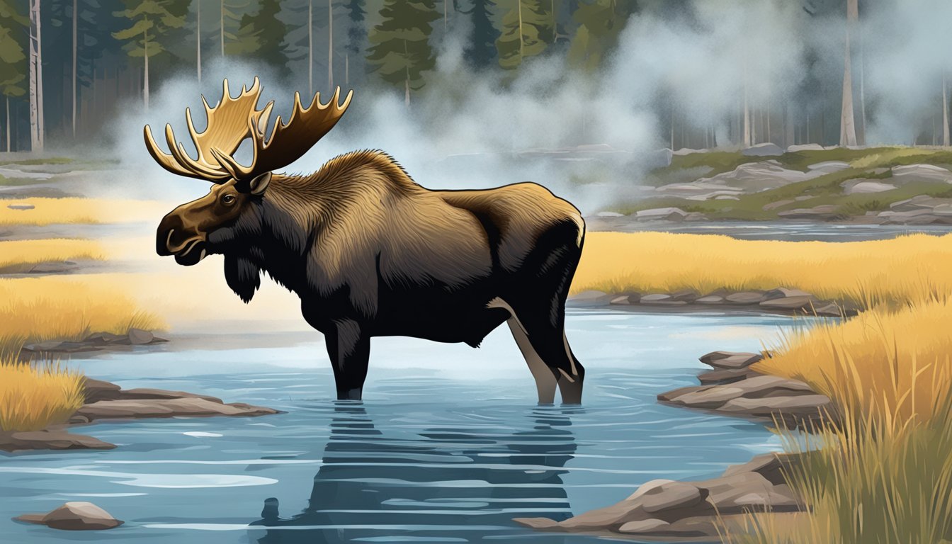 A moose grazing near a bubbling hot spring in Yellowstone National Park