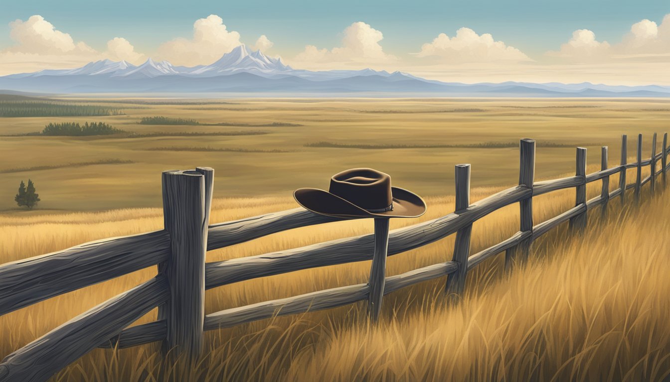 A lone cowboy hat resting on a weathered fence post, with the vast expanse of the Montana plains stretching out behind it