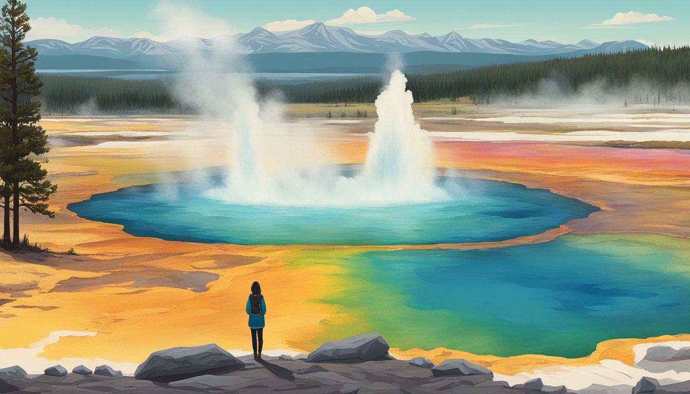 A young woman stands in front of a geyser, surrounded by the vibrant colors of Yellowstone's landscape, her gaze fixed on the horizon