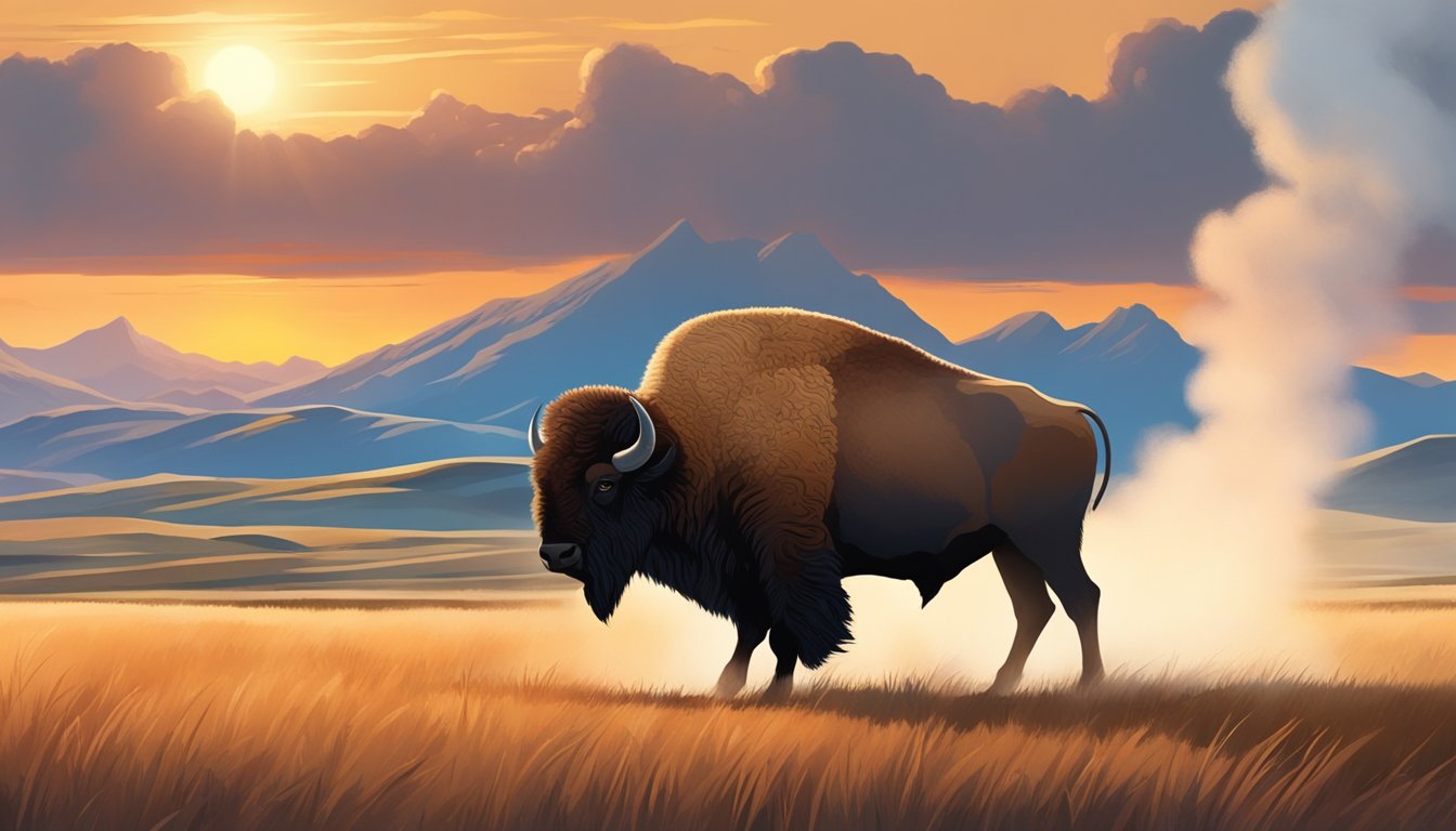 A lone bison grazes in a vast, open field with geysers steaming in the background. The sun sets behind the mountains, casting a warm glow over the scene