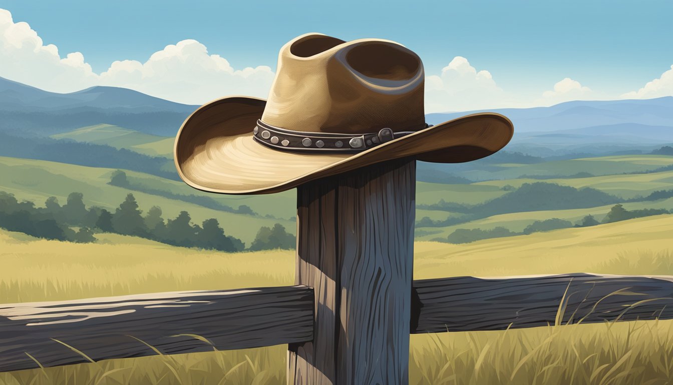 A rugged cowboy hat resting on a weathered wooden fence post, with a backdrop of rolling hills and a clear blue sky