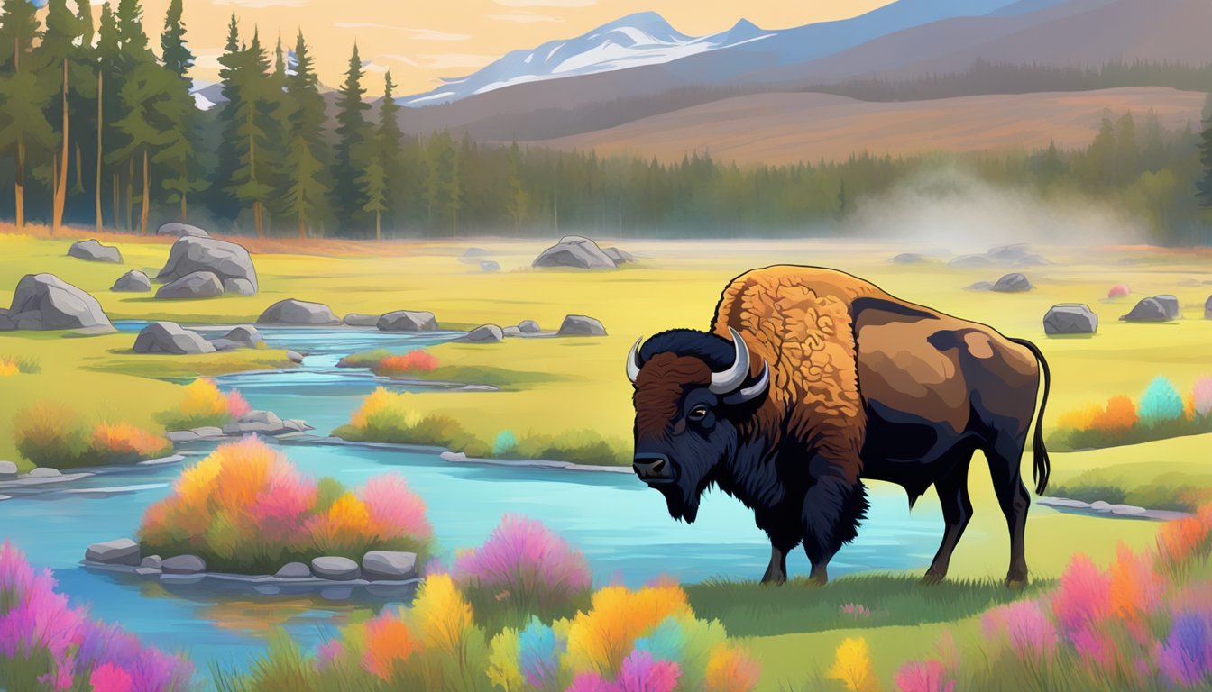 A bison grazing peacefully in a meadow with colorful hot springs in the background