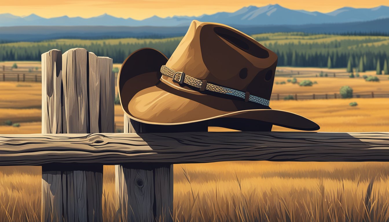 A rugged cowboy hat and a pair of worn leather boots resting on a wooden fence post, with the sprawling expanse of the Yellowstone landscape in the background