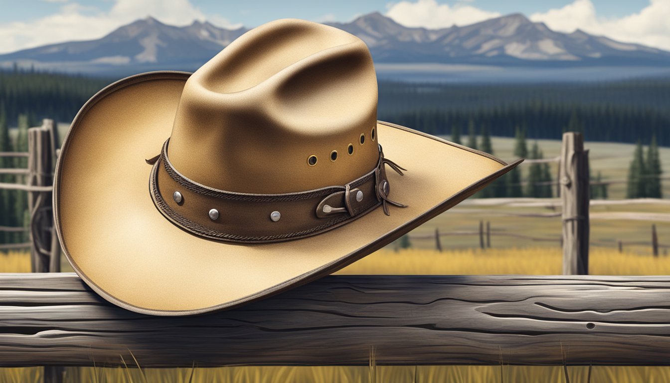 A rugged cowboy hat sits atop a weathered wooden fence, surrounded by the sprawling landscape of Yellowstone National Park