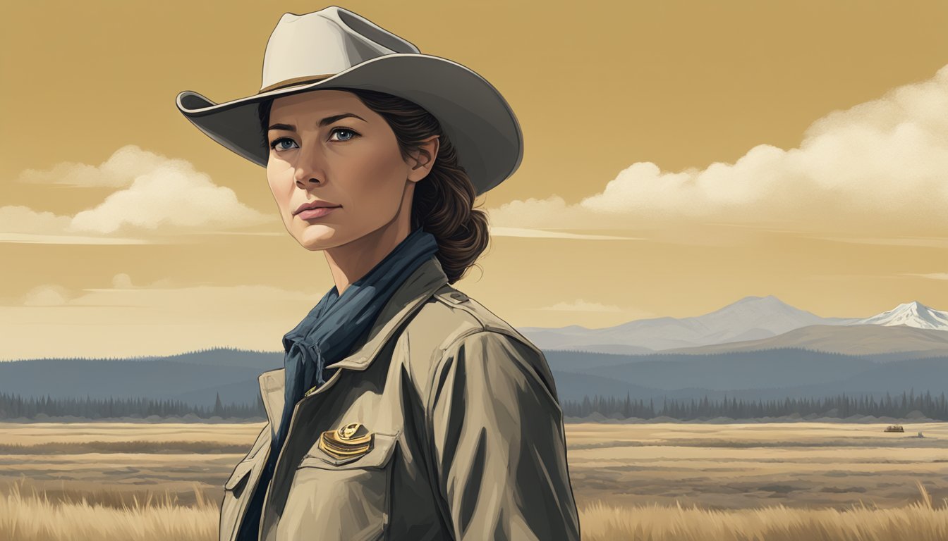 Jill Hennessy in Yellowstone attire, gazing at the horizon with a determined expression