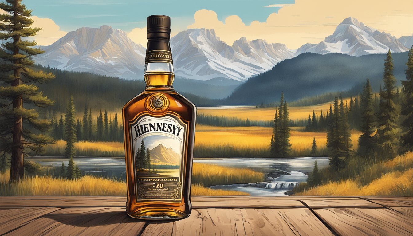 A bottle of Hennessy sits on a rustic wooden table, surrounded by the natural beauty of Yellowstone National Park