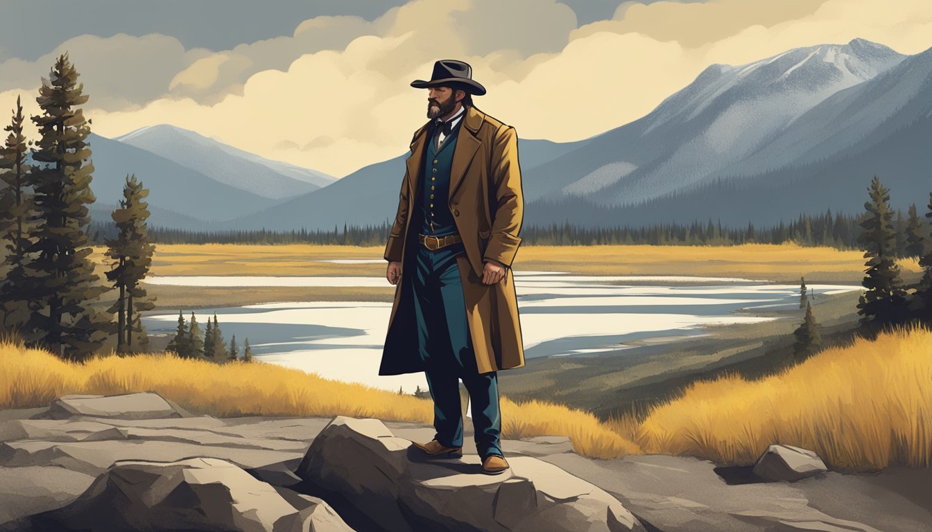 A rugged actor in costume, standing in front of a dramatic Yellowstone backdrop