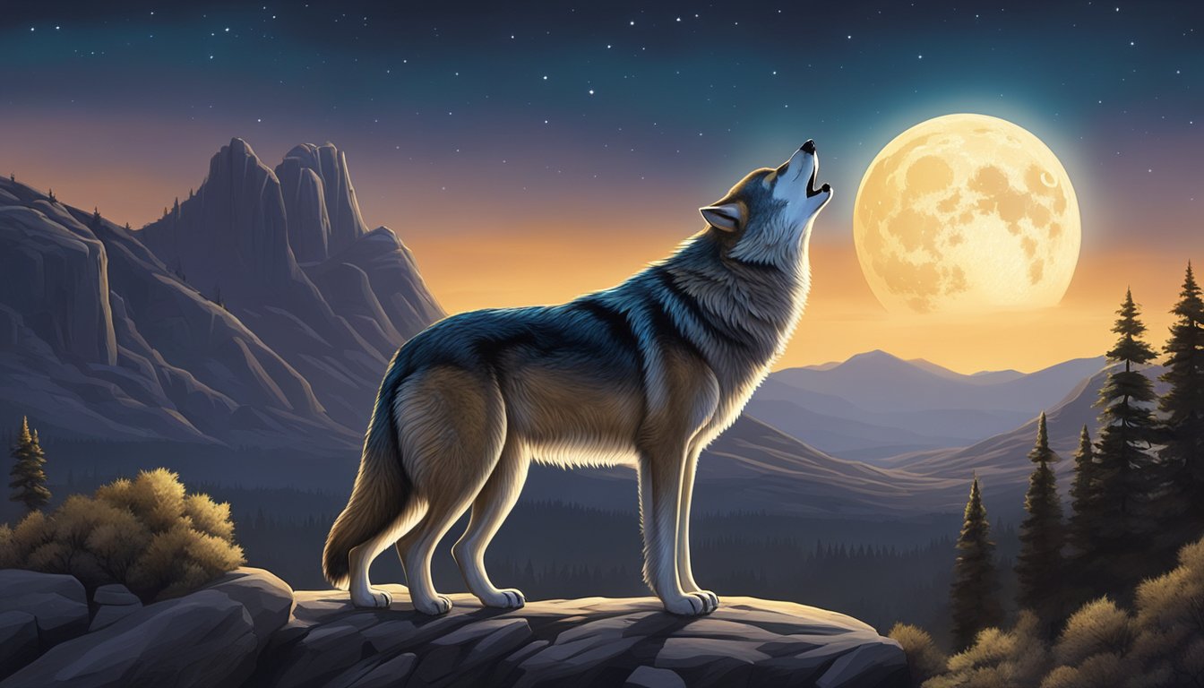 A lone wolf howls under the moonlit sky in a vast, rugged landscape