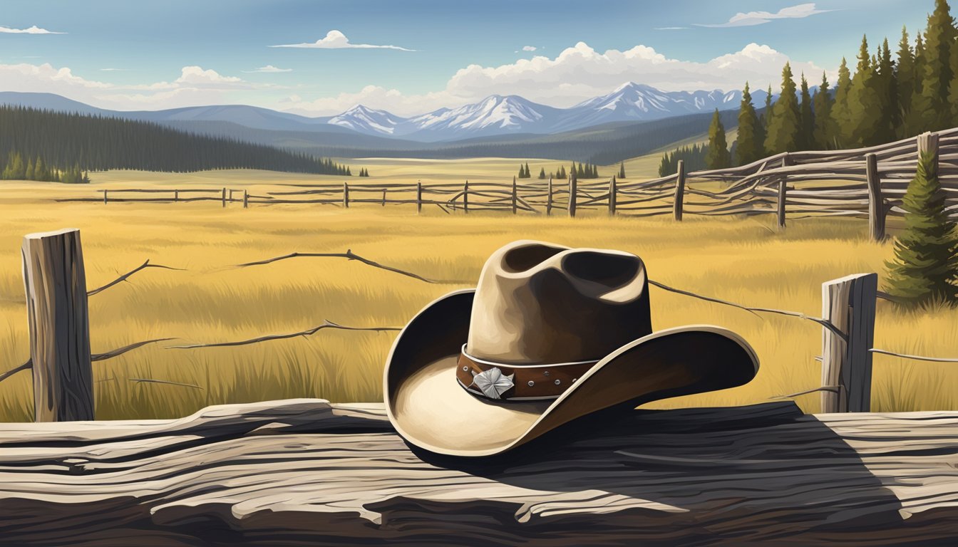 A rugged cowboy hat rests on a weathered wooden fence post, surrounded by the vast, open expanse of the Yellowstone landscape