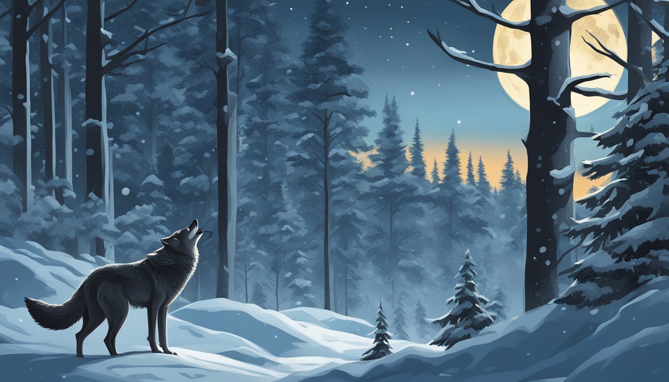 A lone wolf howling at the moon in a snowy forest