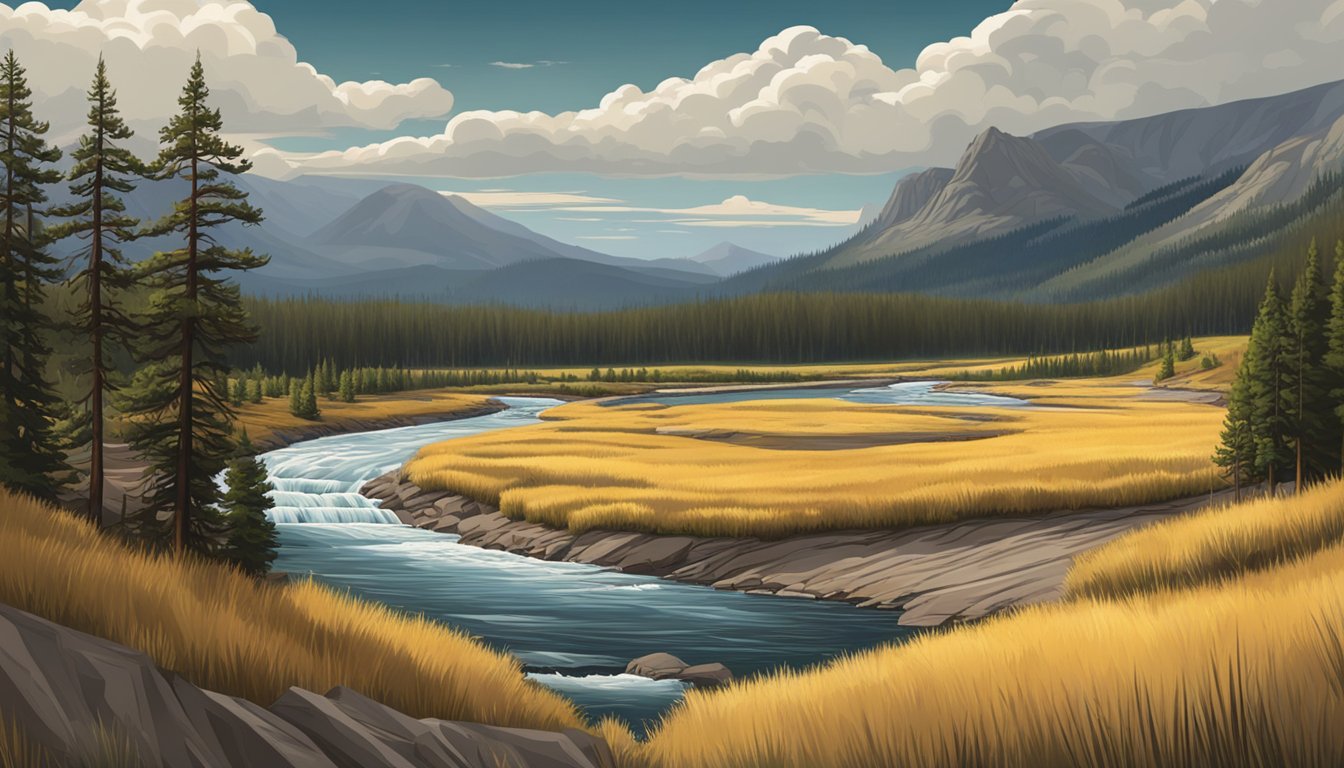 A rugged mountain landscape with a flowing river, pine trees, and a dramatic sky, capturing the essence of Yellowstone