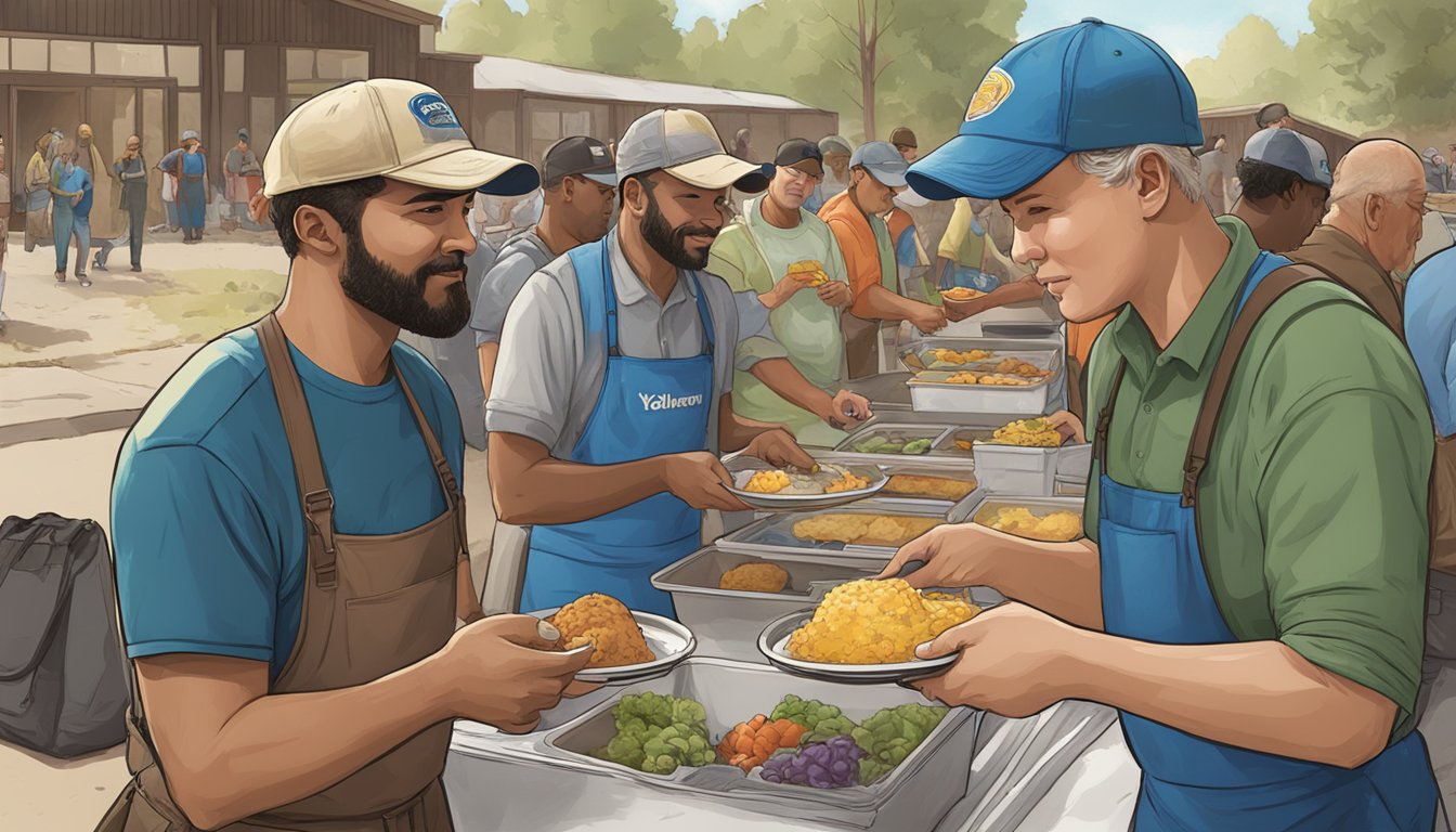 A Yellowstone cast member volunteers at a community event, serving food and interacting with locals