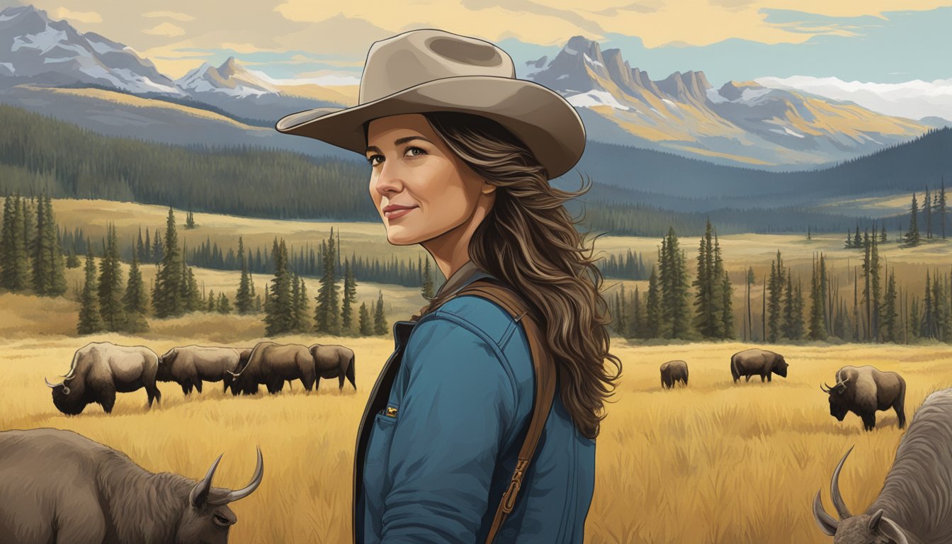 Jill Hennessy's character from Yellowstone surrounded by western landscapes and wildlife