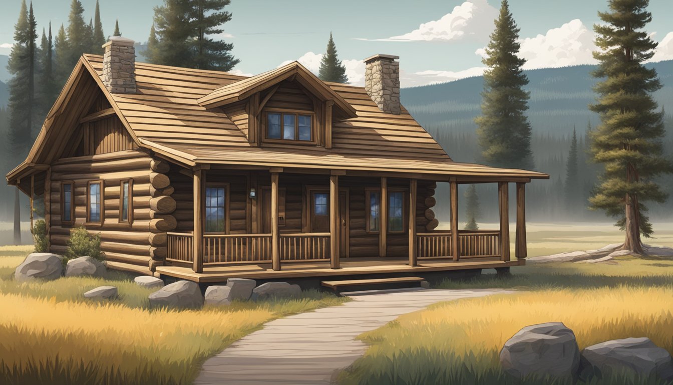 A rustic log cabin with a porch, set against a backdrop of the Yellowstone National Park landscape