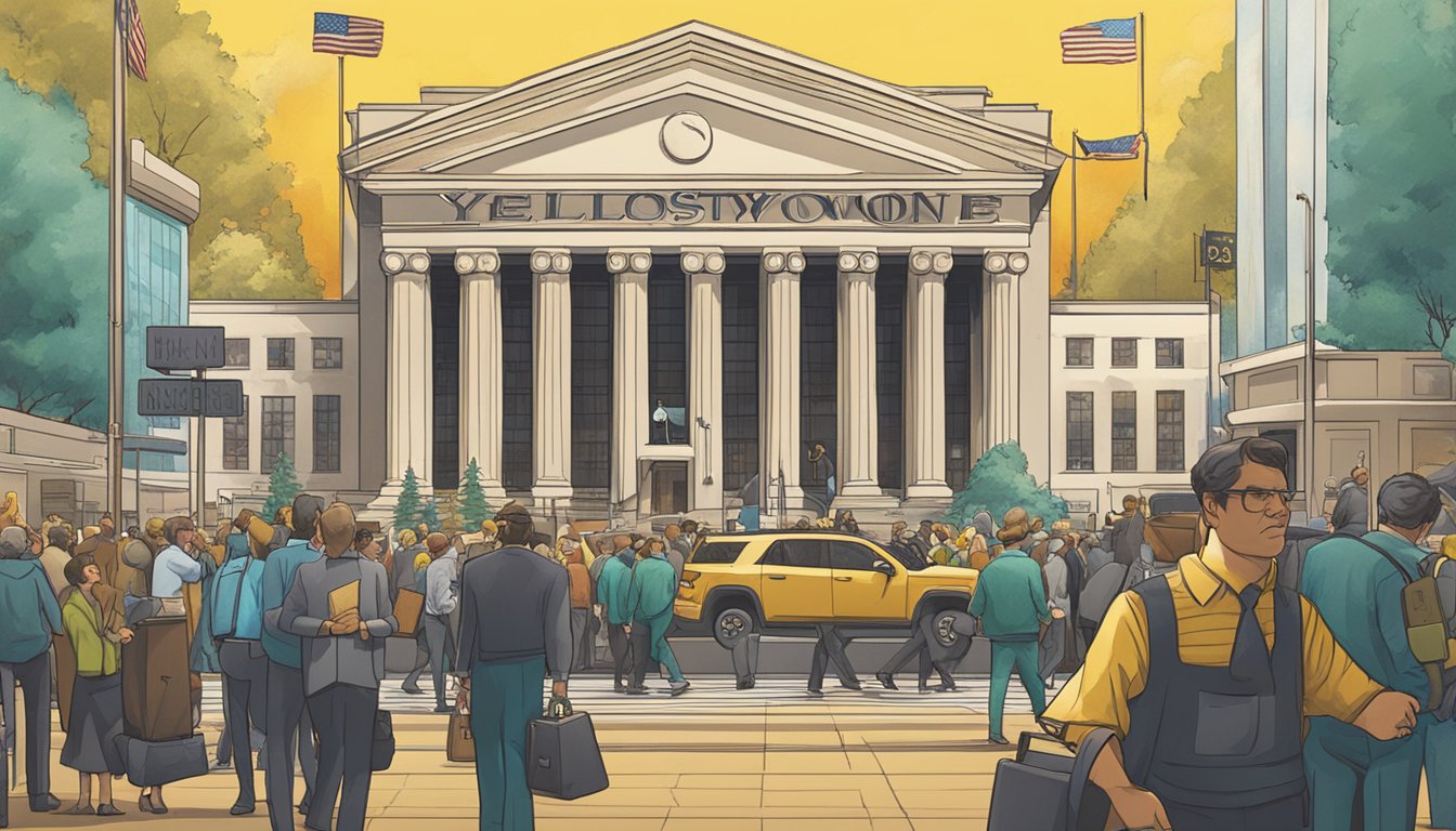 A bustling stock market with the iconic Yellowstone logo in the background