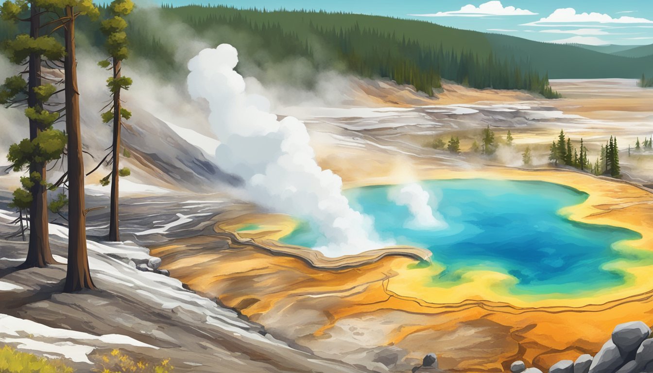 A rugged landscape of geysers and colorful hot springs in Yellowstone National Park