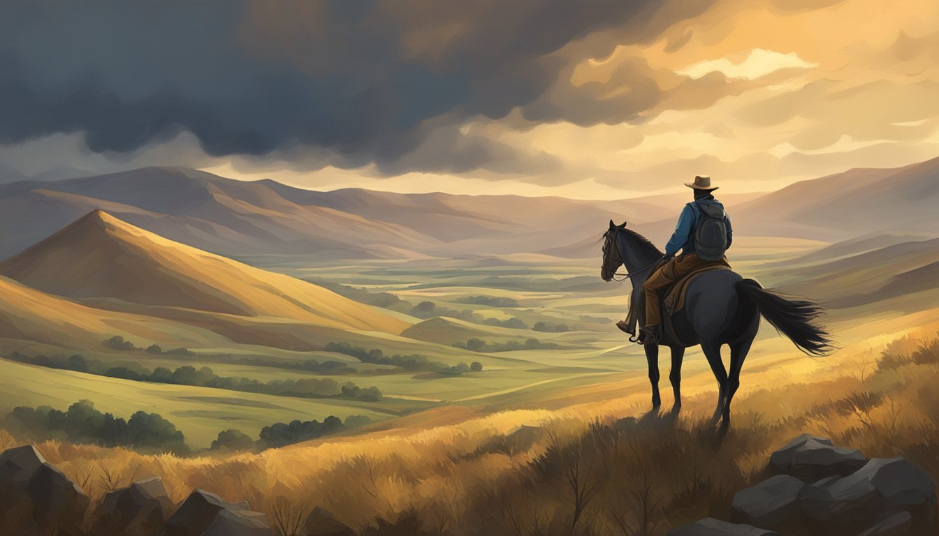 A rugged landscape with a lone figure on horseback, surrounded by rolling hills and a dramatic sky