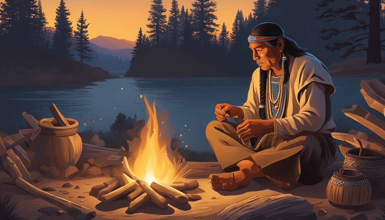 A Native American man sits by a campfire, surrounded by traditional tools and crafts. The glow of the fire illuminates his face as he works on a piece of intricate beadwork