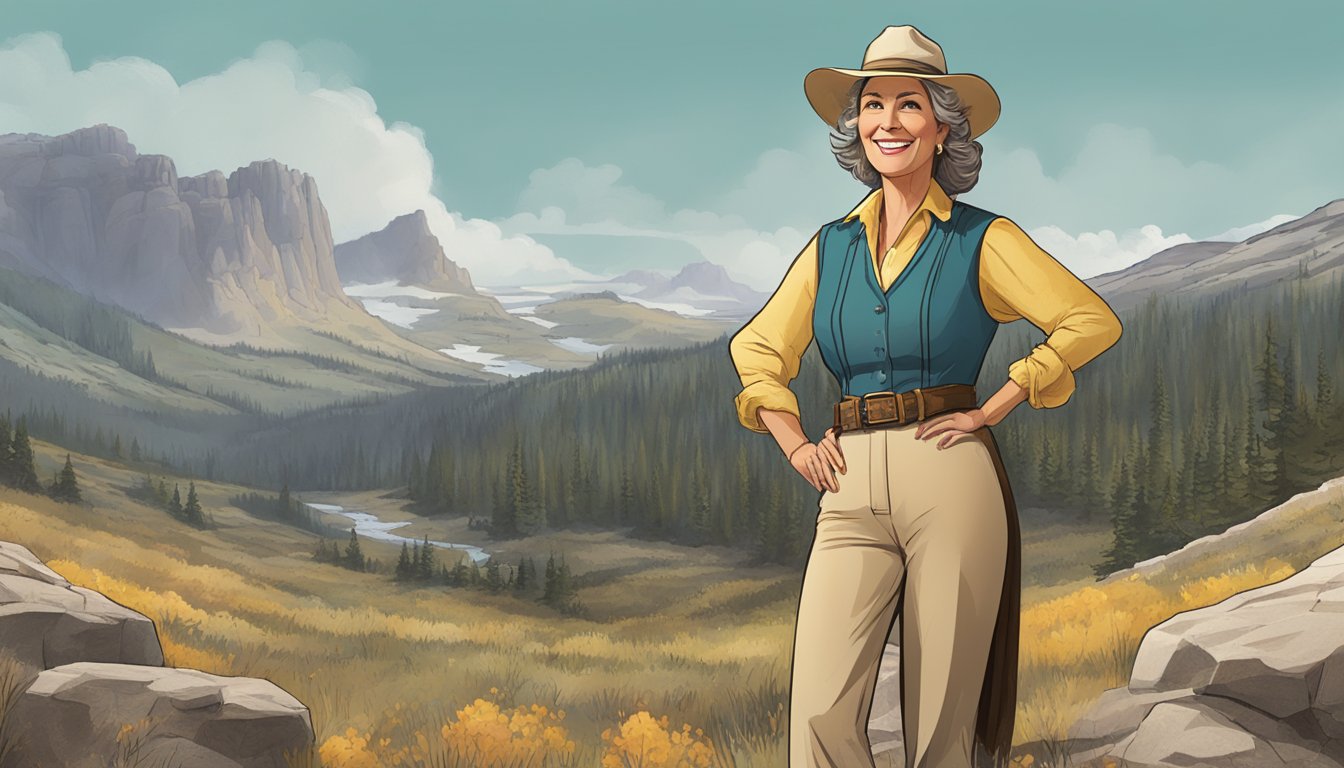 A mature woman in a Yellowstone cast member costume, standing confidently with a warm smile