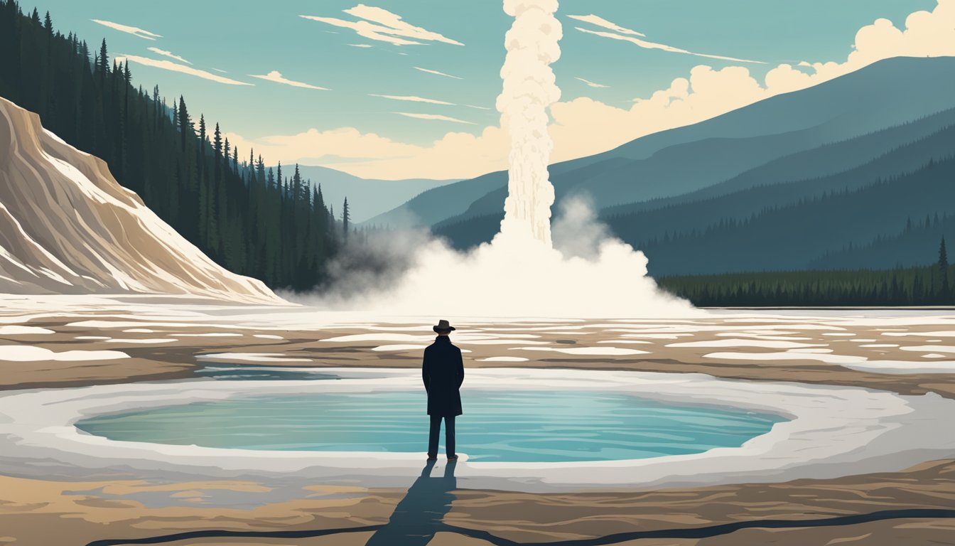 A lone figure stands against a backdrop of Yellowstone's iconic geysers, gazing off into the distance with determination and ambition