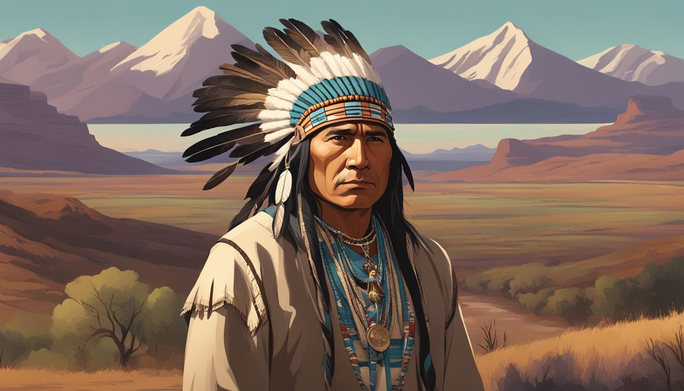 A Native American actor in traditional attire stands in front of a dramatic landscape, embodying the influence of indigenous culture on media