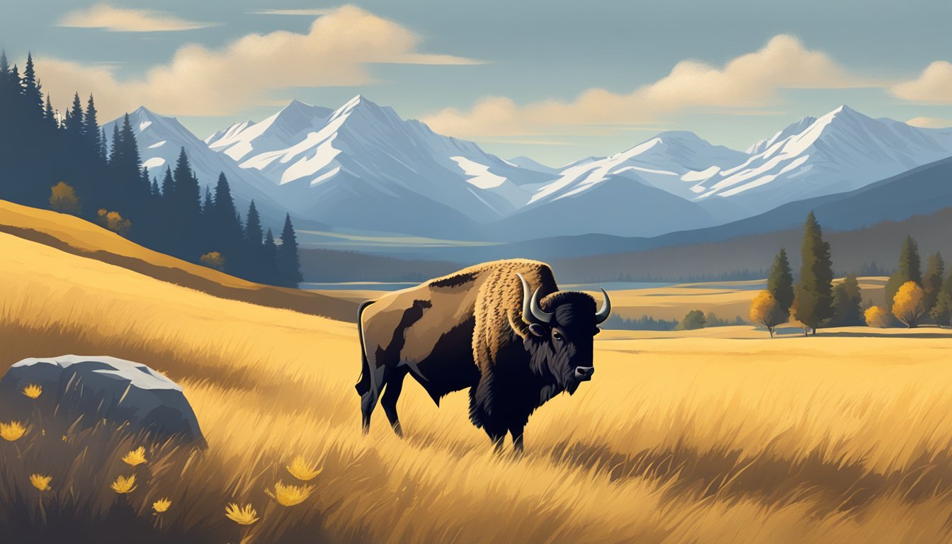 A serene landscape with a lone bison grazing in a golden meadow with mountains in the background