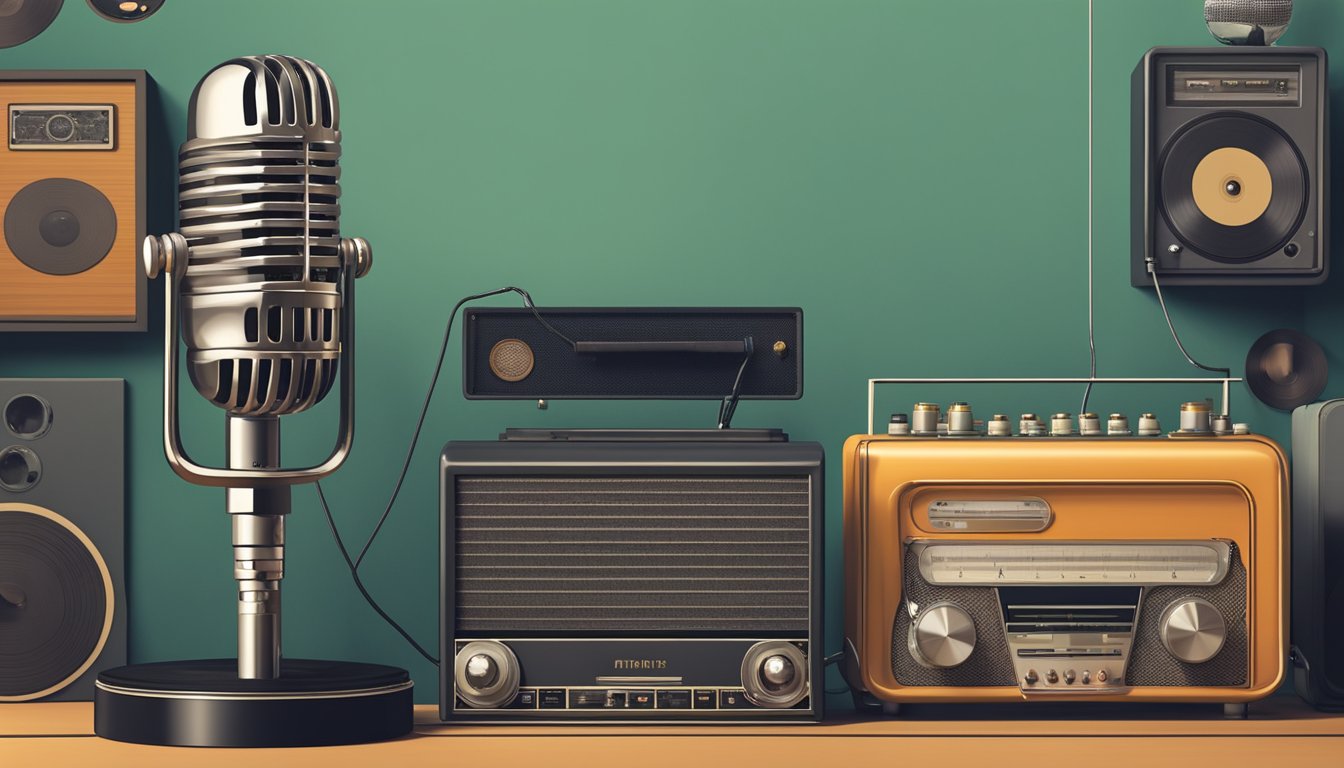 A vintage microphone stands on a stage, surrounded by old-fashioned radio equipment and a stack of vinyl records