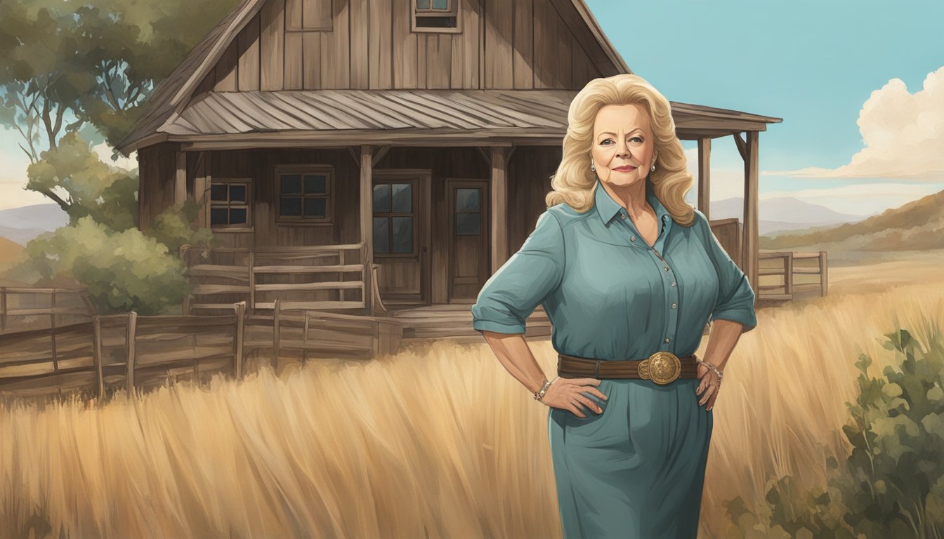 Jacki Weaver in character as a tough matriarch, standing in front of a rustic ranch backdrop, exuding confidence and authority