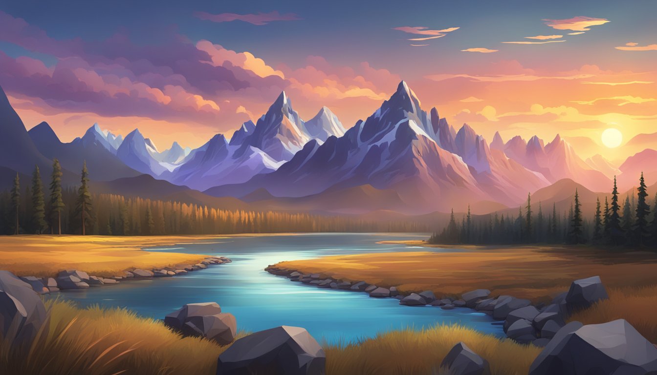 A rugged landscape with towering mountains, a winding river, and a colorful sunset in the background