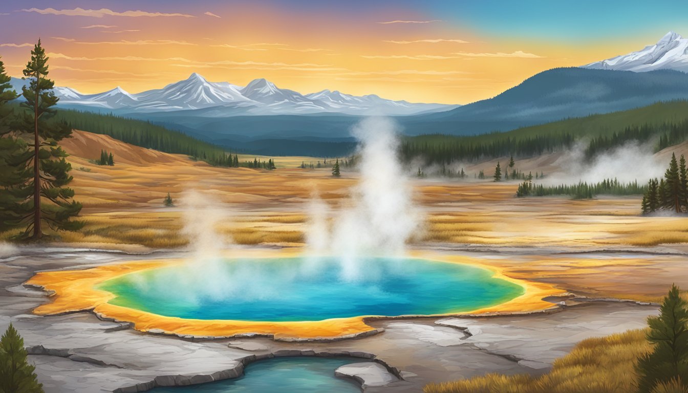 A rugged landscape with iconic Yellowstone scenery, including the dramatic geysers and colorful hot springs, set against a backdrop of majestic mountains