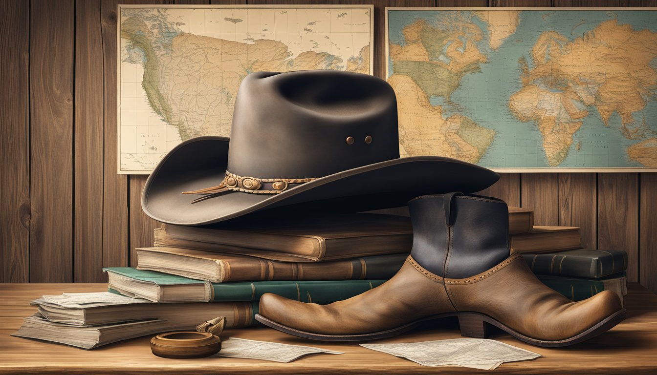 A rugged cowboy hat and weathered boots sit on a wooden desk, surrounded by maps of the Yellowstone ranch