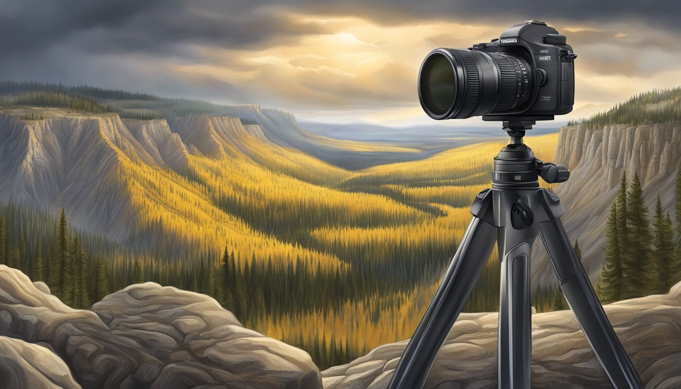 A rugged landscape with a dramatic sky, featuring a camera on a tripod capturing the grandeur of the Yellowstone wilderness