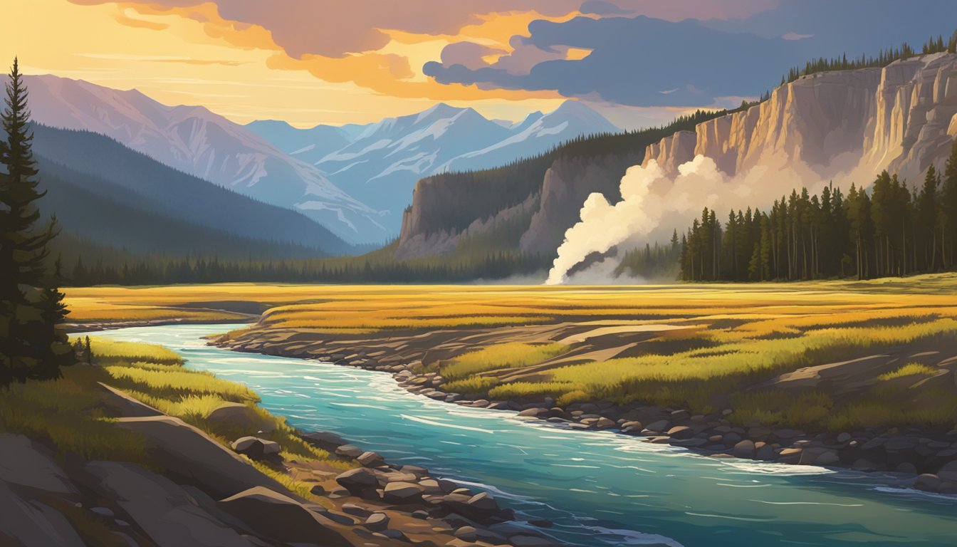 A sweeping landscape of the Yellowstone National Park, with vibrant colors and dramatic lighting, capturing the essence of the show's cinematography