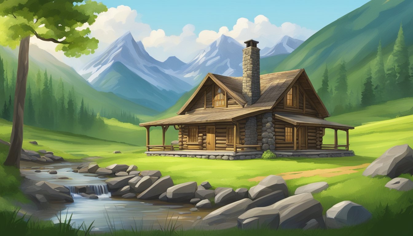 A rustic log cabin with a stone chimney nestled in a lush green valley with mountains in the background