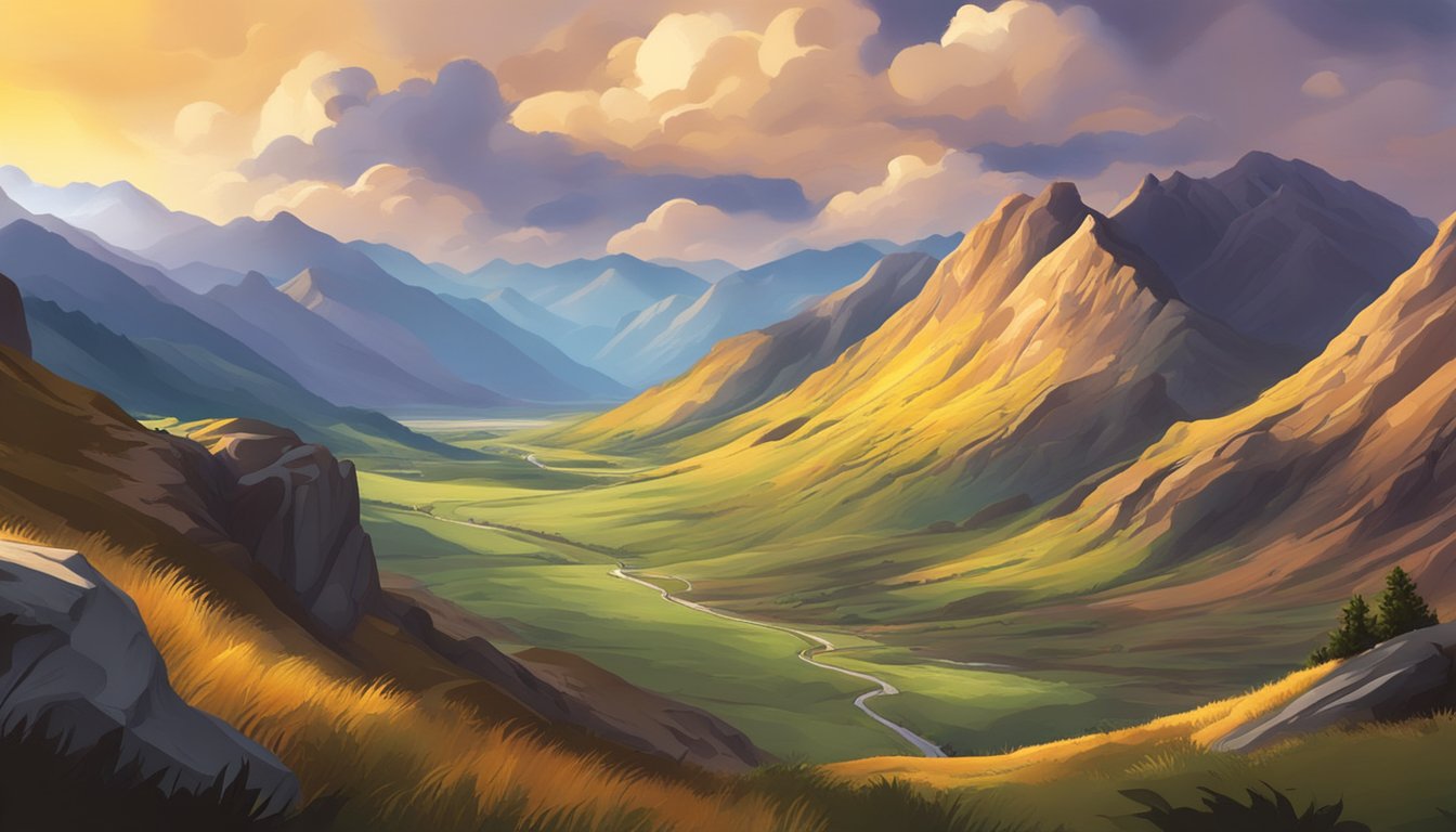 A sweeping landscape of rugged terrain with dramatic lighting and vibrant colors