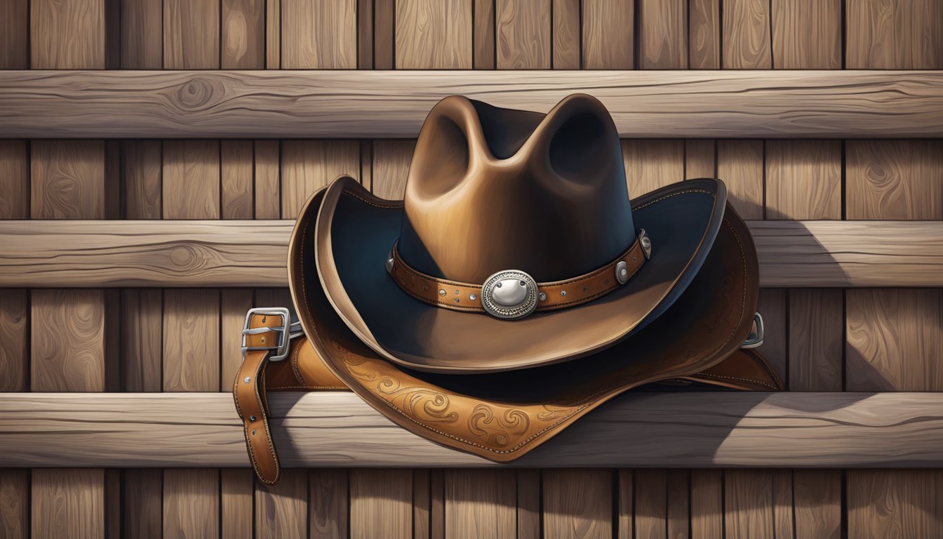 A cowboy hat, leather vest, and horse saddle on a wooden fence