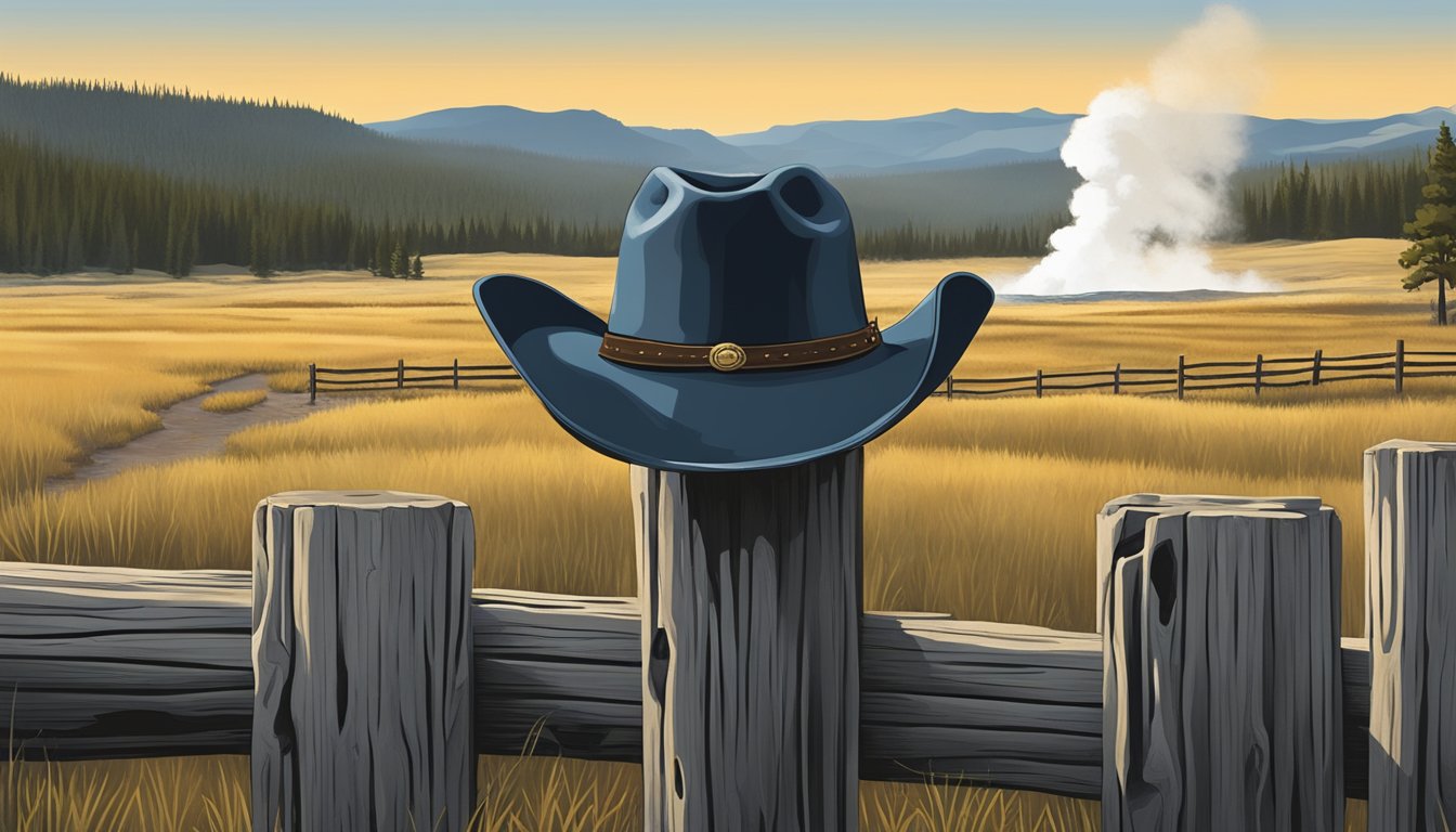 A cowboy hat resting on a weathered fence post, with a backdrop of rolling hills and geysers at Yellowstone National Park