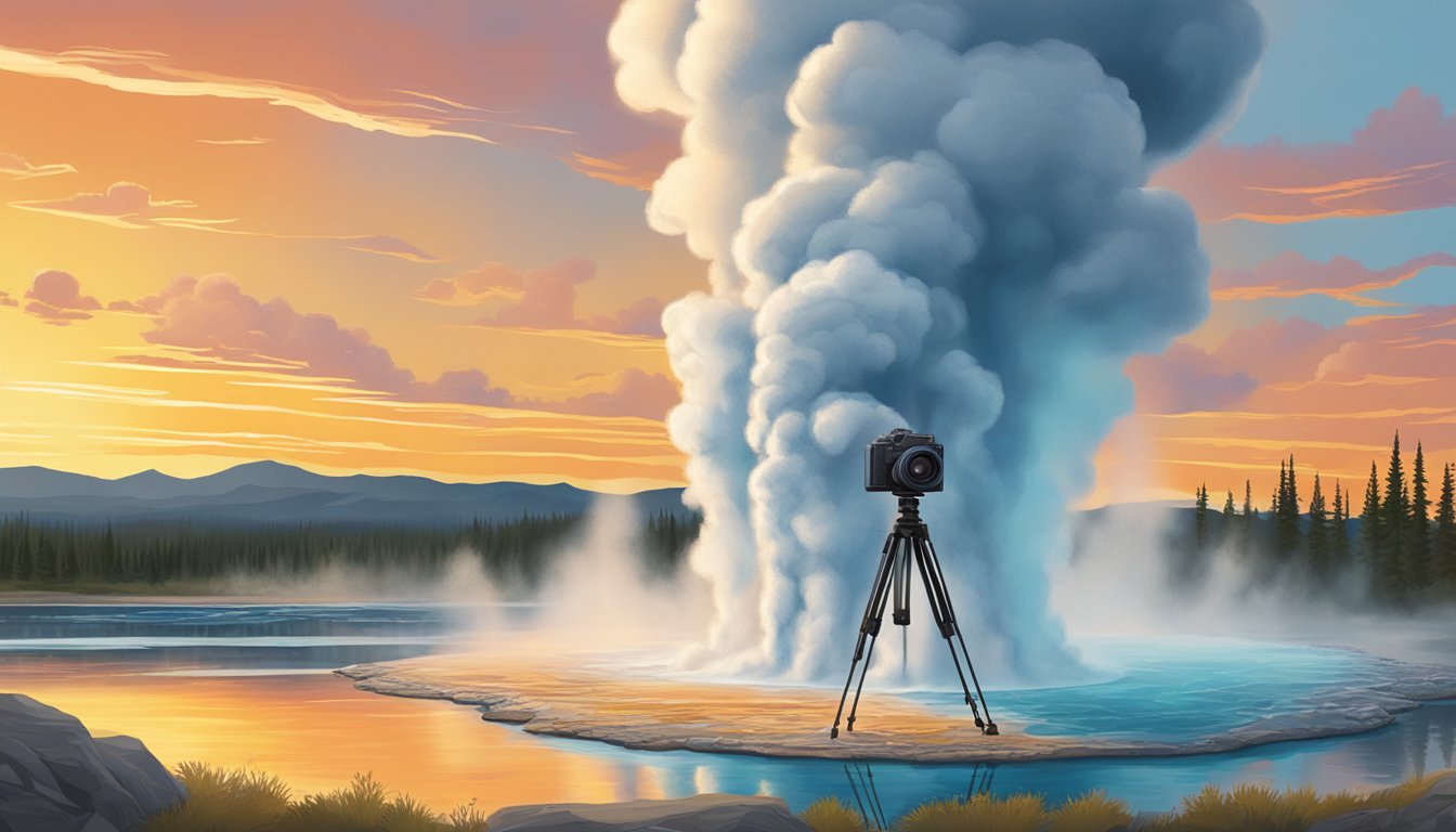 A lone camera on a tripod captures the vibrant colors of a geyser erupting against the backdrop of the Yellowstone landscape