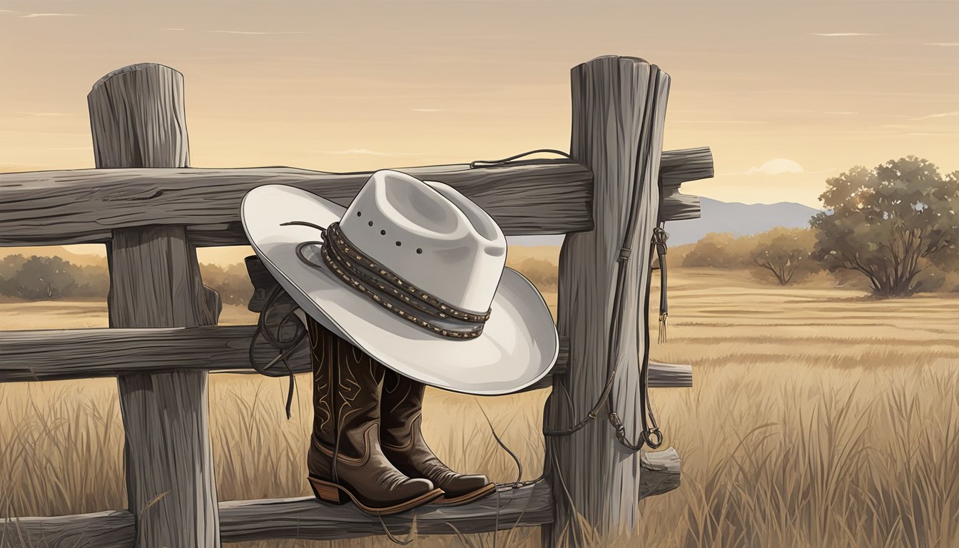 A cowboy hat resting on a weathered fence post, with a pair of worn boots and a lasso hanging nearby