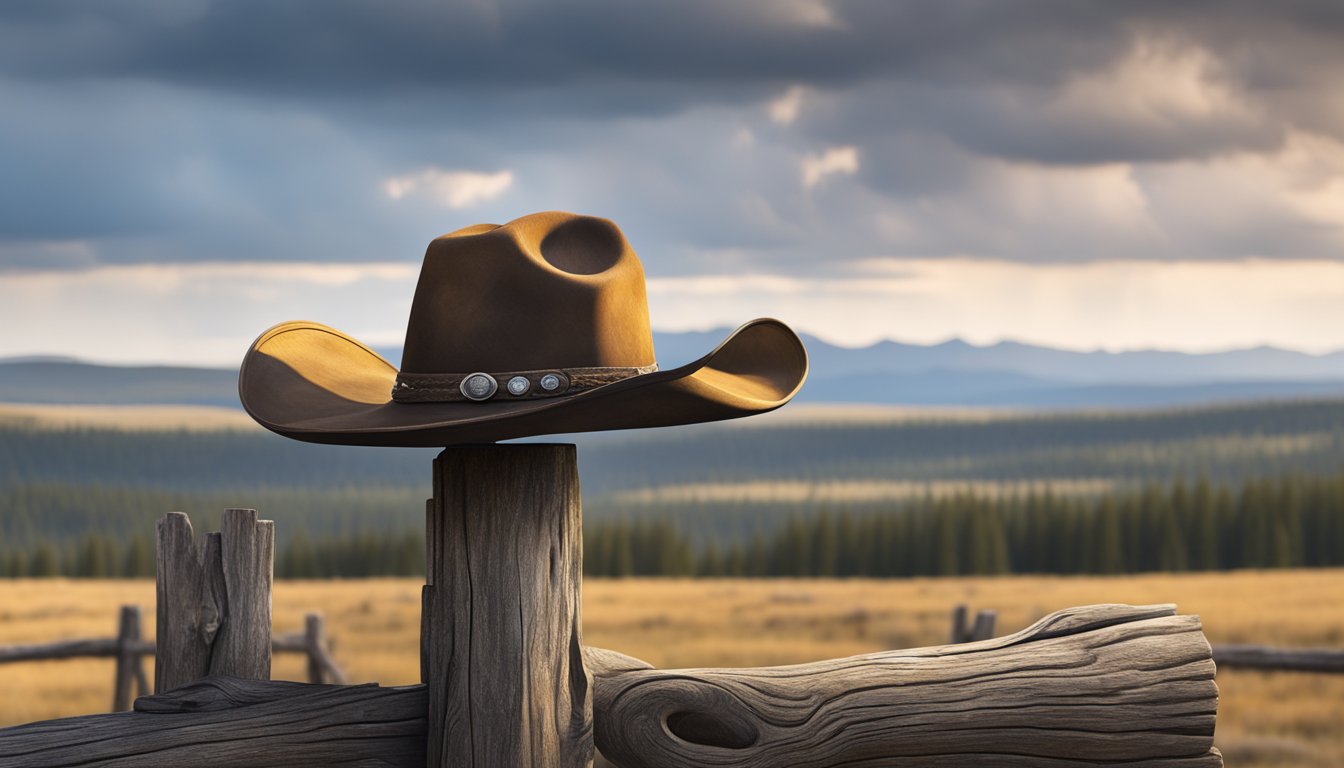 A rugged cowboy hat resting on a weathered fence post, surrounded by the iconic Yellowstone landscape