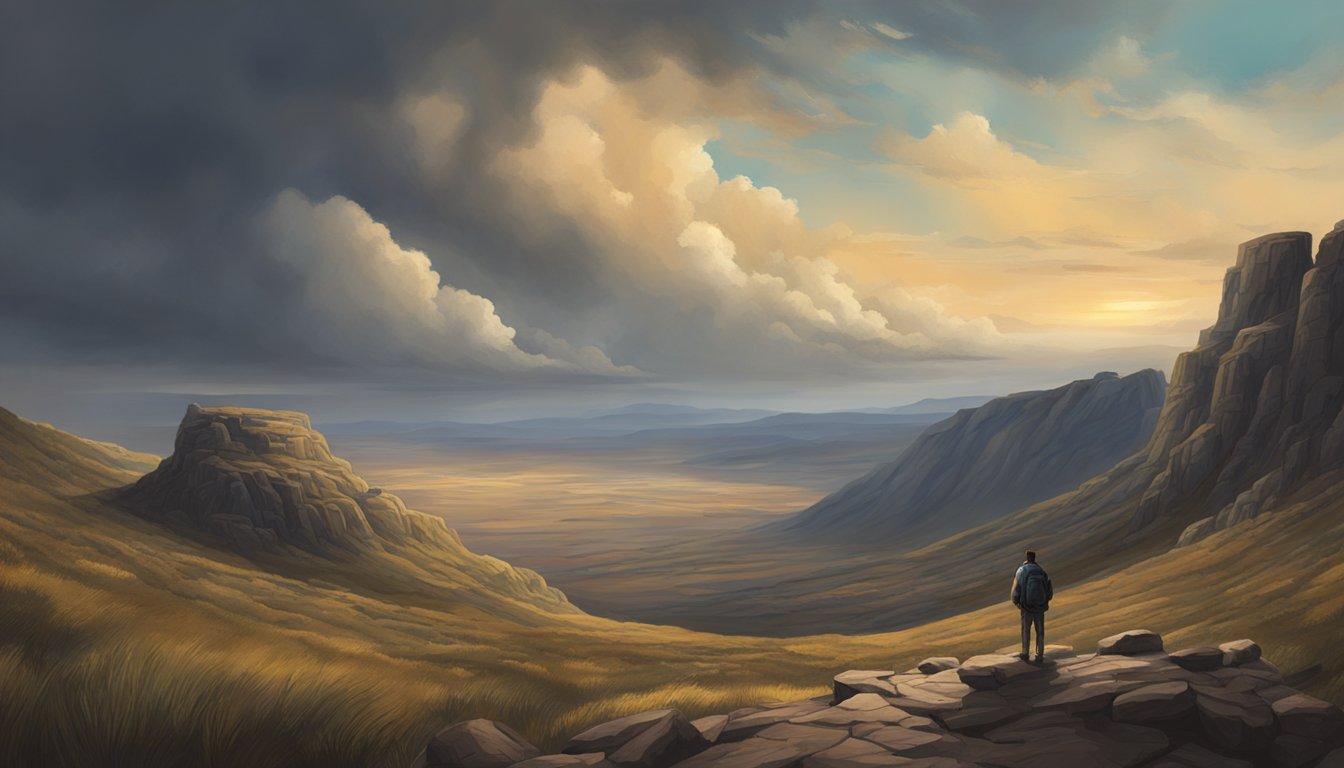 A rugged landscape with a dramatic sky, featuring a lone figure standing in the wilderness