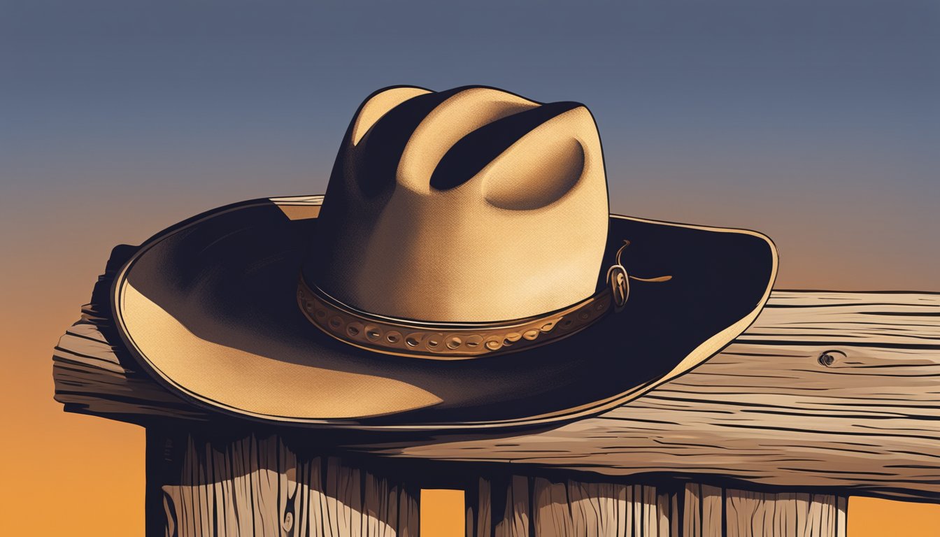 A rugged cowboy hat sits on a weathered wooden fence post, casting a shadow in the warm glow of the setting sun