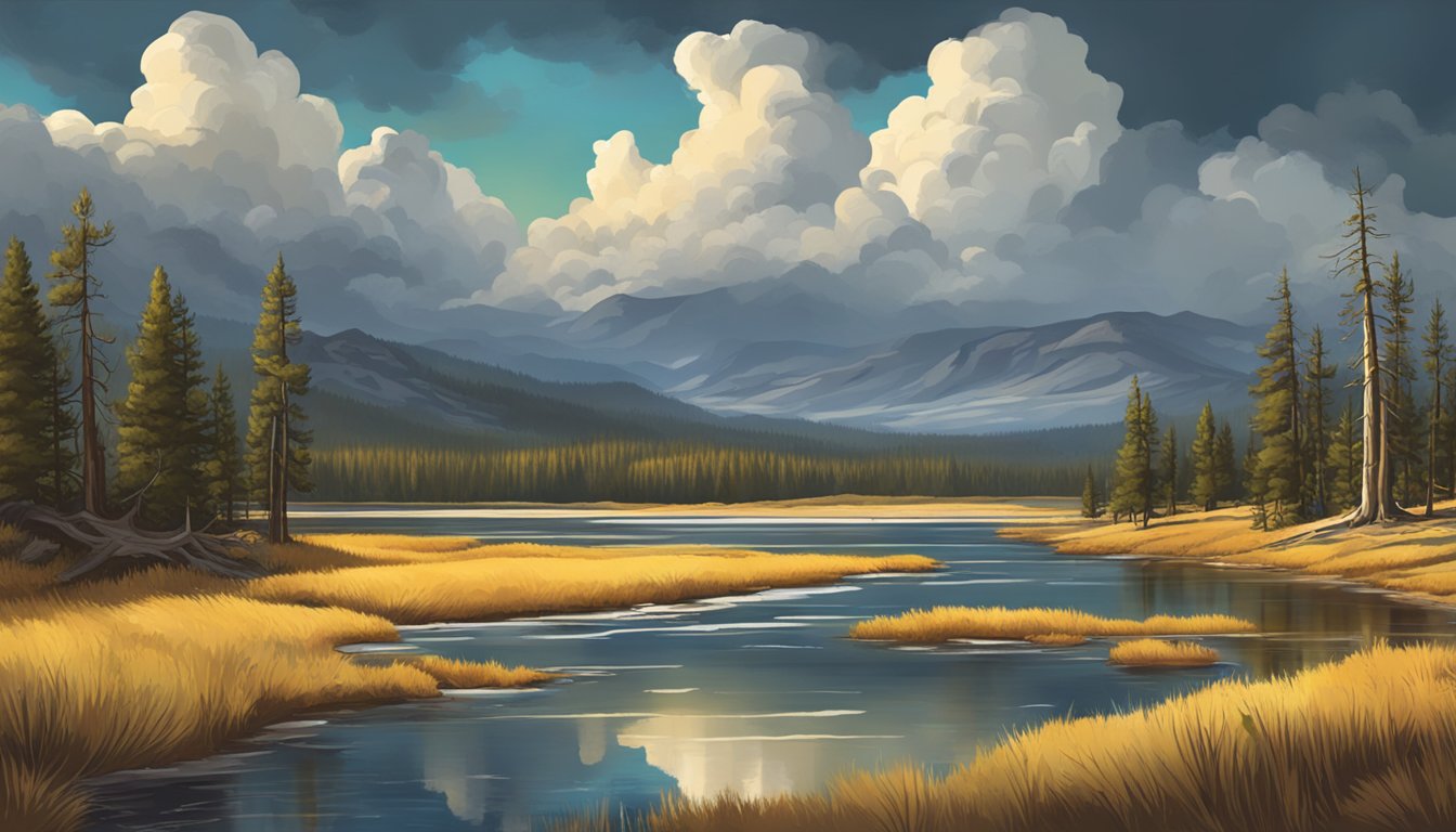 A rugged landscape with a dramatic sky, featuring the iconic Yellowstone National Park scenery