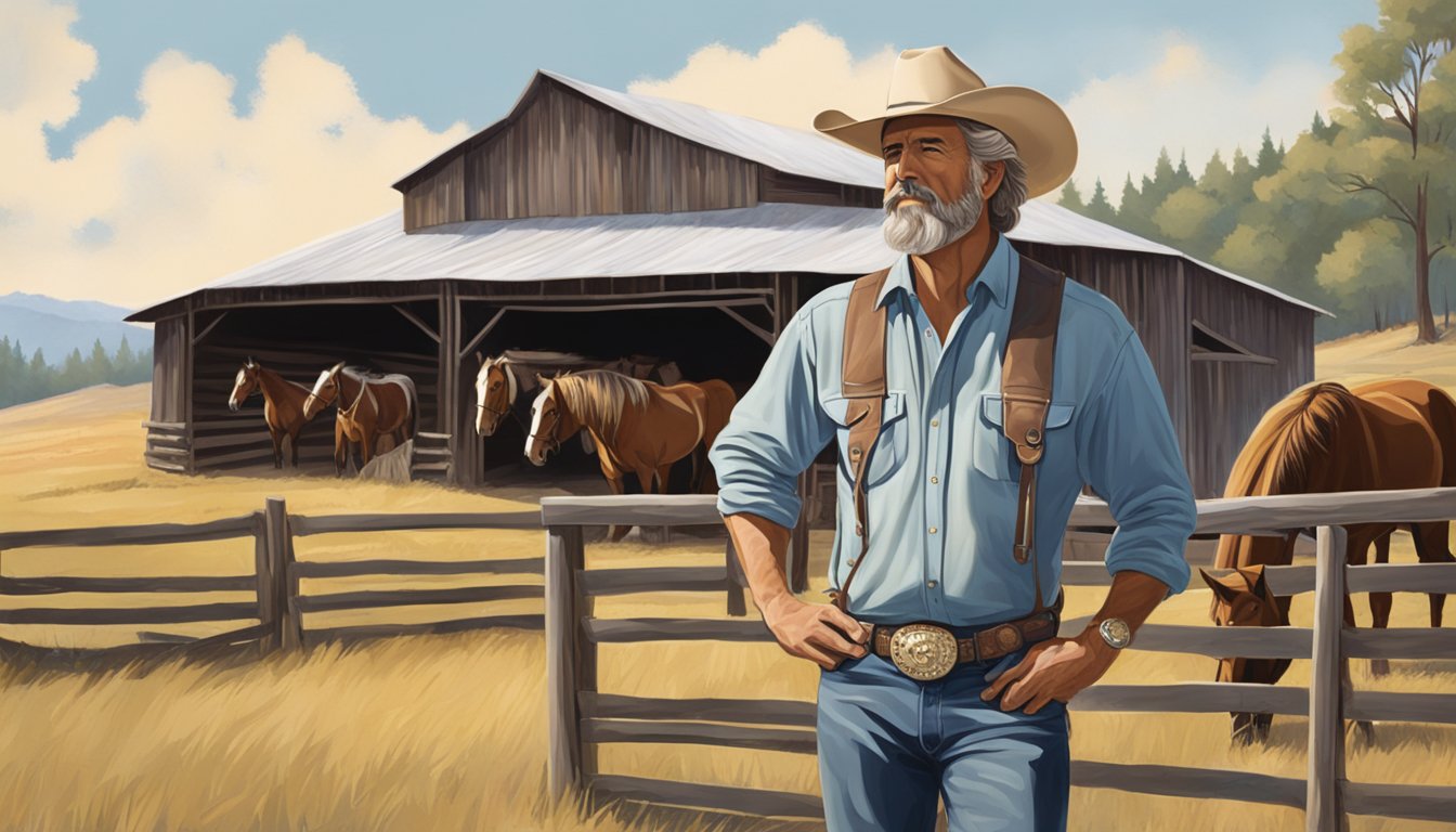 Buck Taylor in cowboy hat, leaning against barn with horses