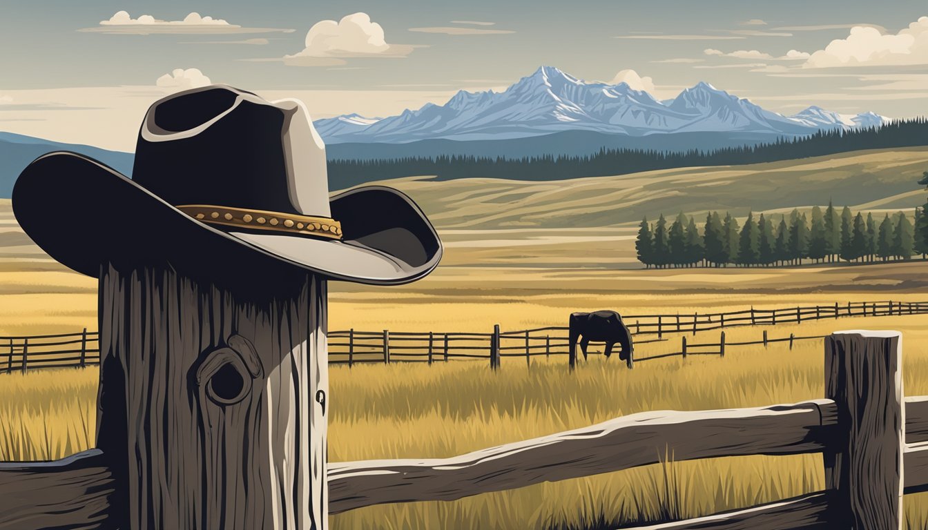 A rugged cowboy hat hangs on a weathered fence post, surrounded by the sprawling landscape of the Yellowstone ranch