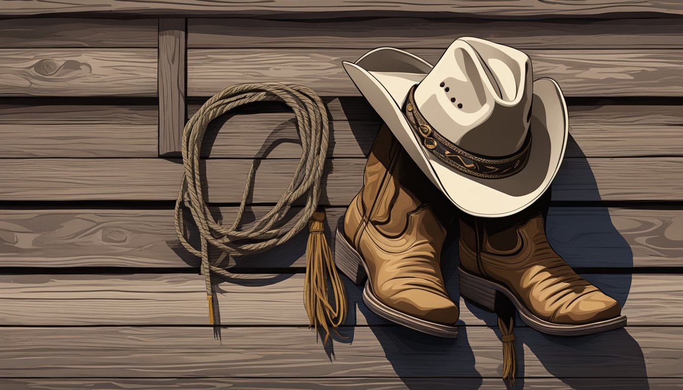 A cowboy hat resting on a weathered wooden fence, with a pair of cowboy boots and a lasso hanging nearby