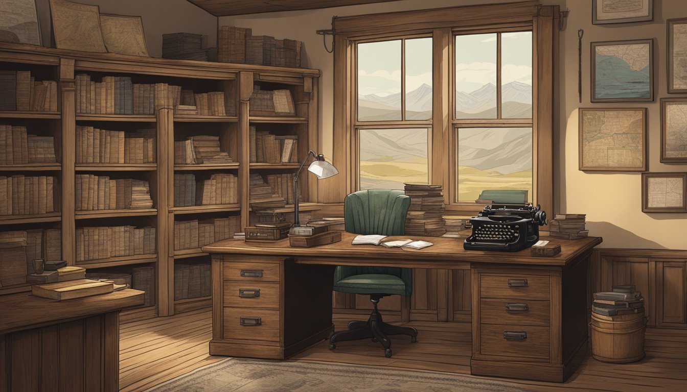 A scene of a rustic office with vintage maps, books, and a typewriter. An old leather chair sits behind a large wooden desk. A faded photograph of Yellowstone National Park hangs on the wall