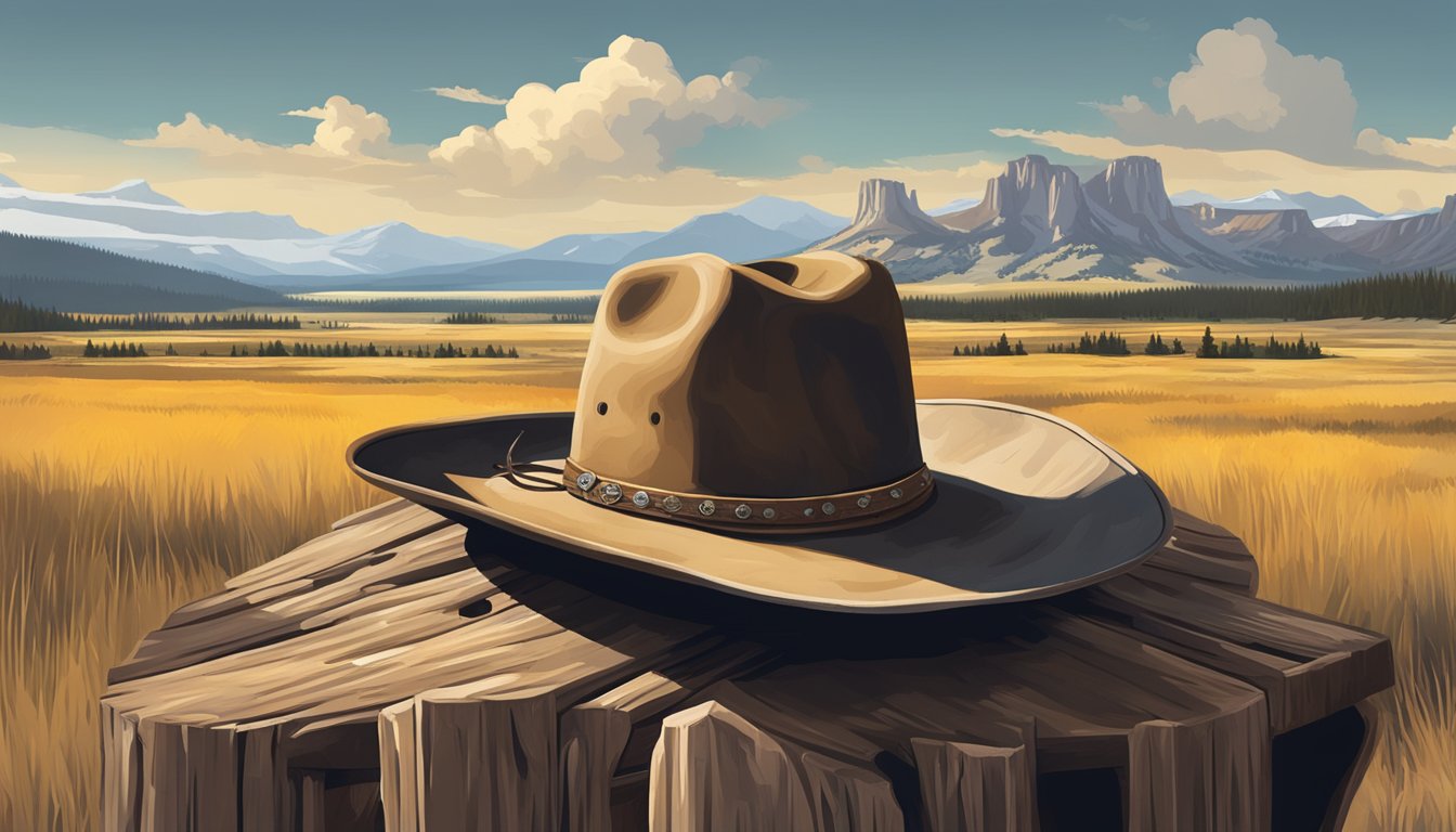 A rugged cowboy hat resting on a weathered saddle, surrounded by the iconic scenery of Yellowstone National Park